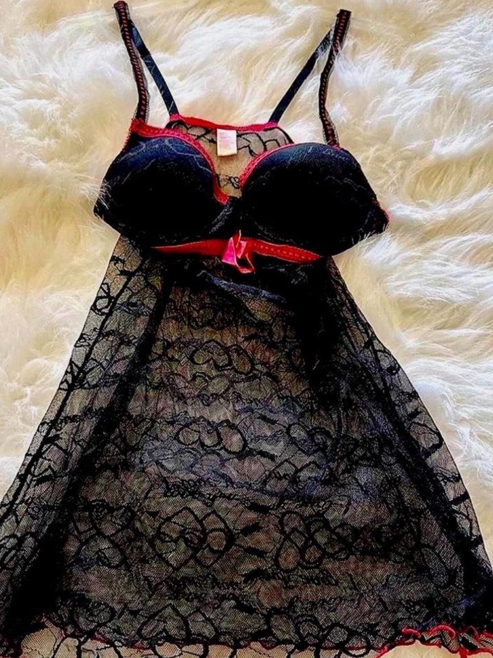 Lace Trim Black and Red Push-Up Babydoll Chemise
